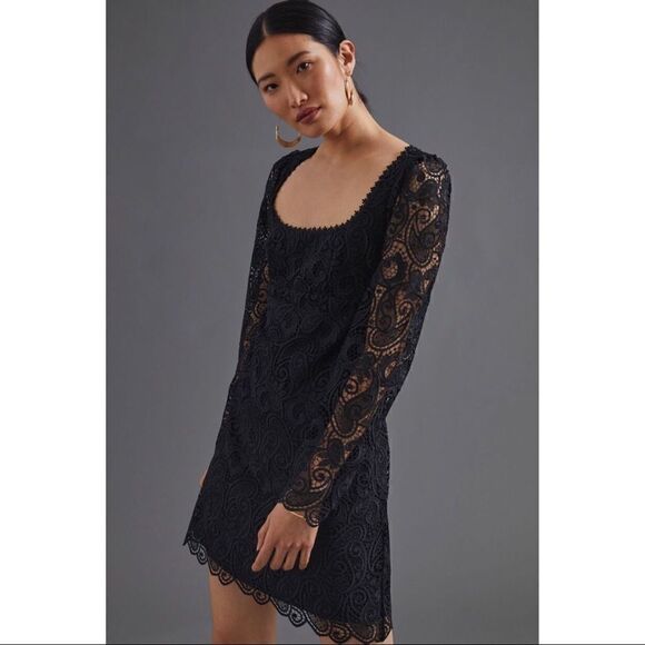 NEW Anthropologie Maeve Embroidered Bell Sleeve Black Lace Mini Dress Size 2 & 6 - Picture 2 of 5